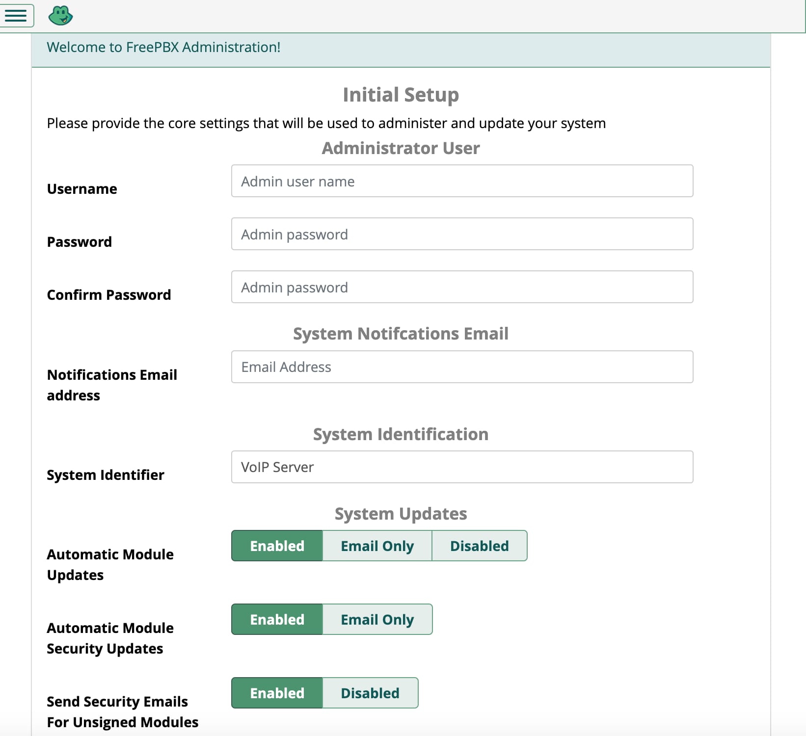 How to Use the FreePBX VPS Template The FreePBX initial setup page
