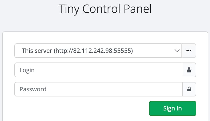 How to Use the TinyCP VPS Template The TinyCP login page