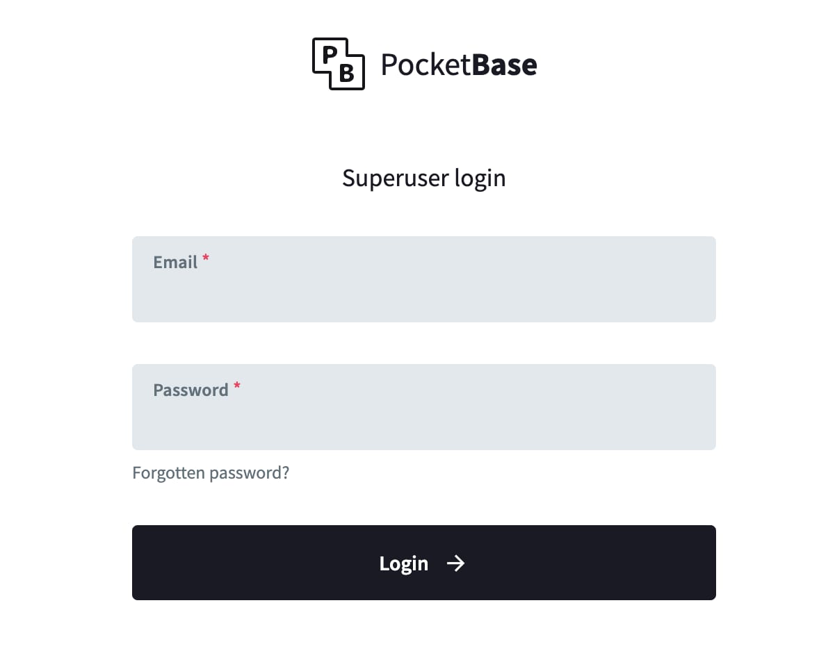 PocketBase login screen