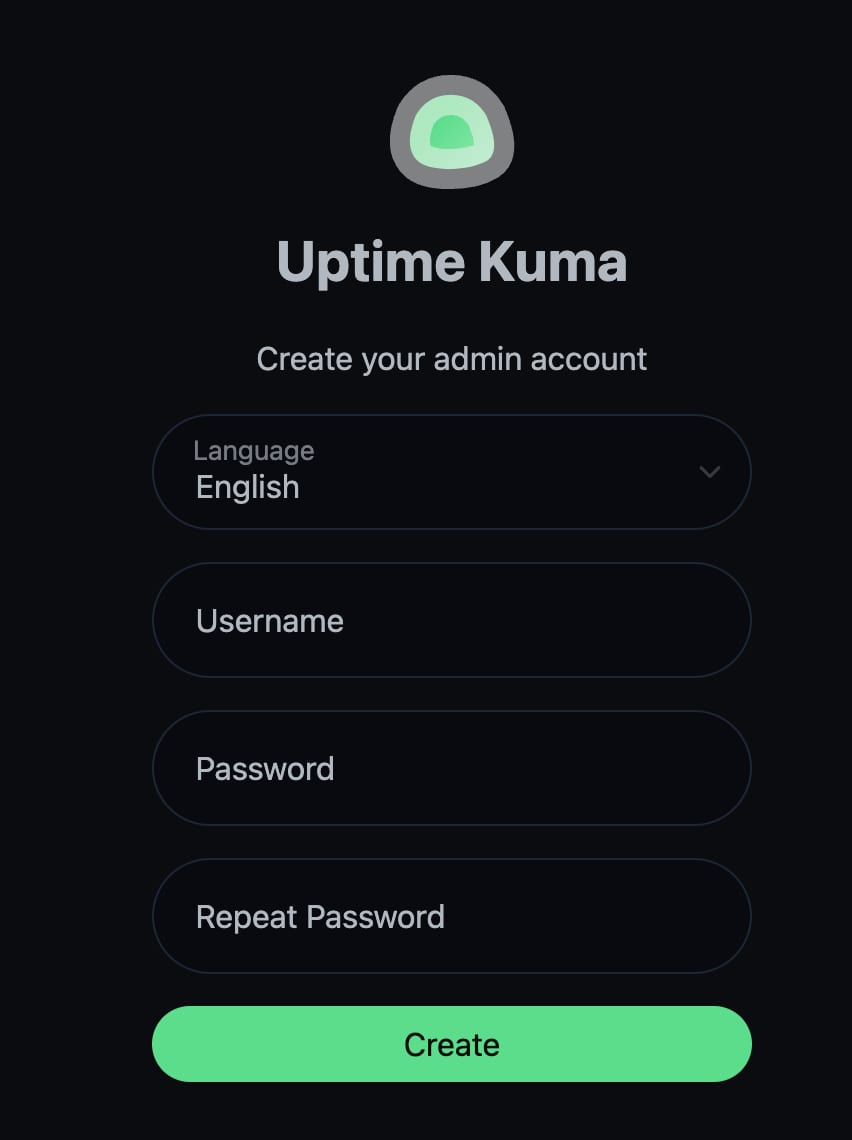 How to Use the Uptime Kuma VPS Template The Uptime Kuma account creation page.