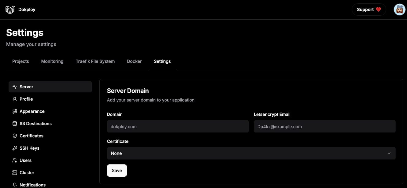 The Dokploy settings showing how to install an SSL certificate.