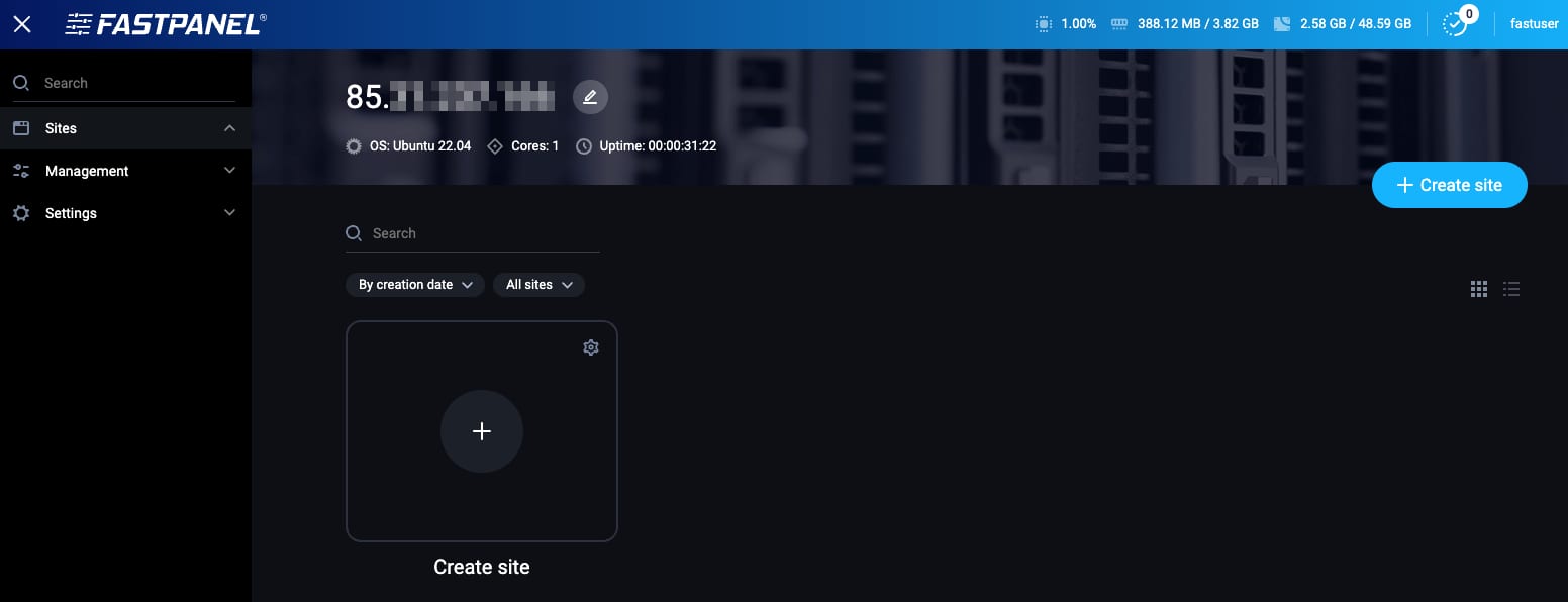 How to Use the FASTPANEL VPS Template The FASTPANEL options to add a website