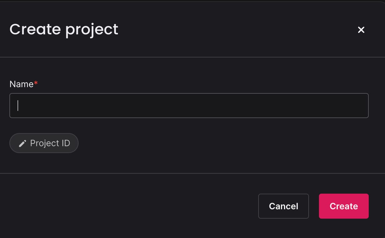The window in Appwrite to create project by entering a project name.